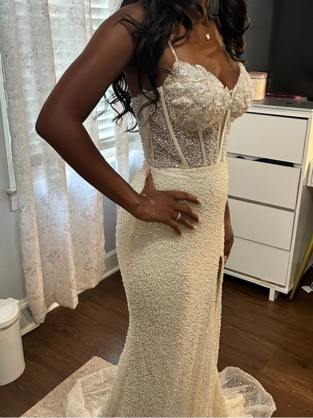 Sherri Hill Ivory Beaded Prom Gown with Corset Bodice and High Slit - Picture 3 of 6